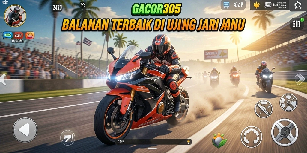 Tampilan gameplay GACOR305 dengan motor balap yang dinamis dan menegangkan.