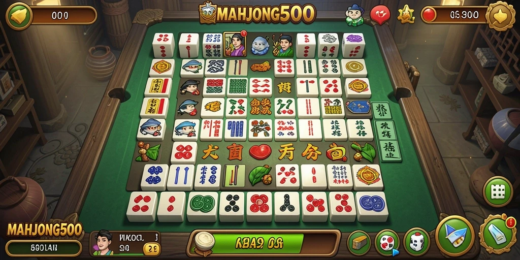 Screenshot gameplay MAHJONG500 yang menampilkan aktivitas mencocokkan ubin.