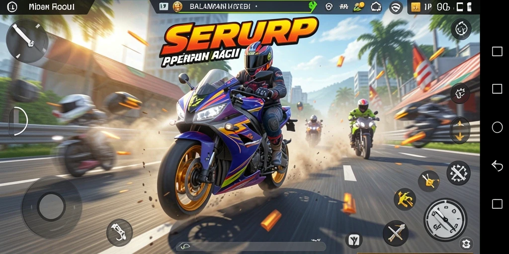 Screenshot SERURP menampilkan aksi balap motor yang mendebarkan.